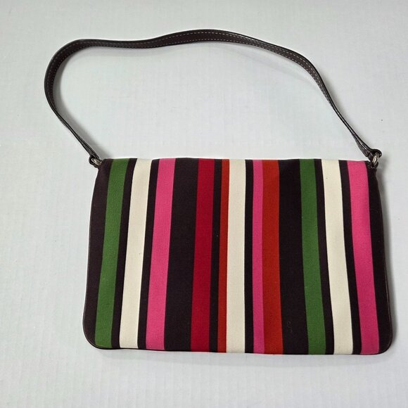 Kate Spade Rainbow Stripe Canvas Flap & Brown Leather Shoulder Bag Preppy Y2K - Picture 5 of 12